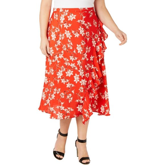 Calvin Klein Women's Printed Ruffled Midi Red Floral Plus Size 24W New